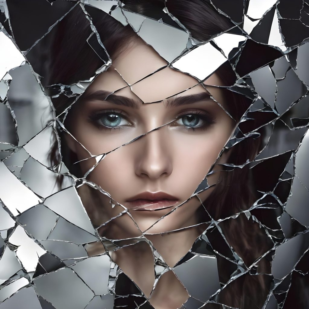 Mujer mirando su reflejo en un espejo roto, simbolizando confusión, distorsión de la realidad y pérdida de identidad emocional causada por el gaslighting
