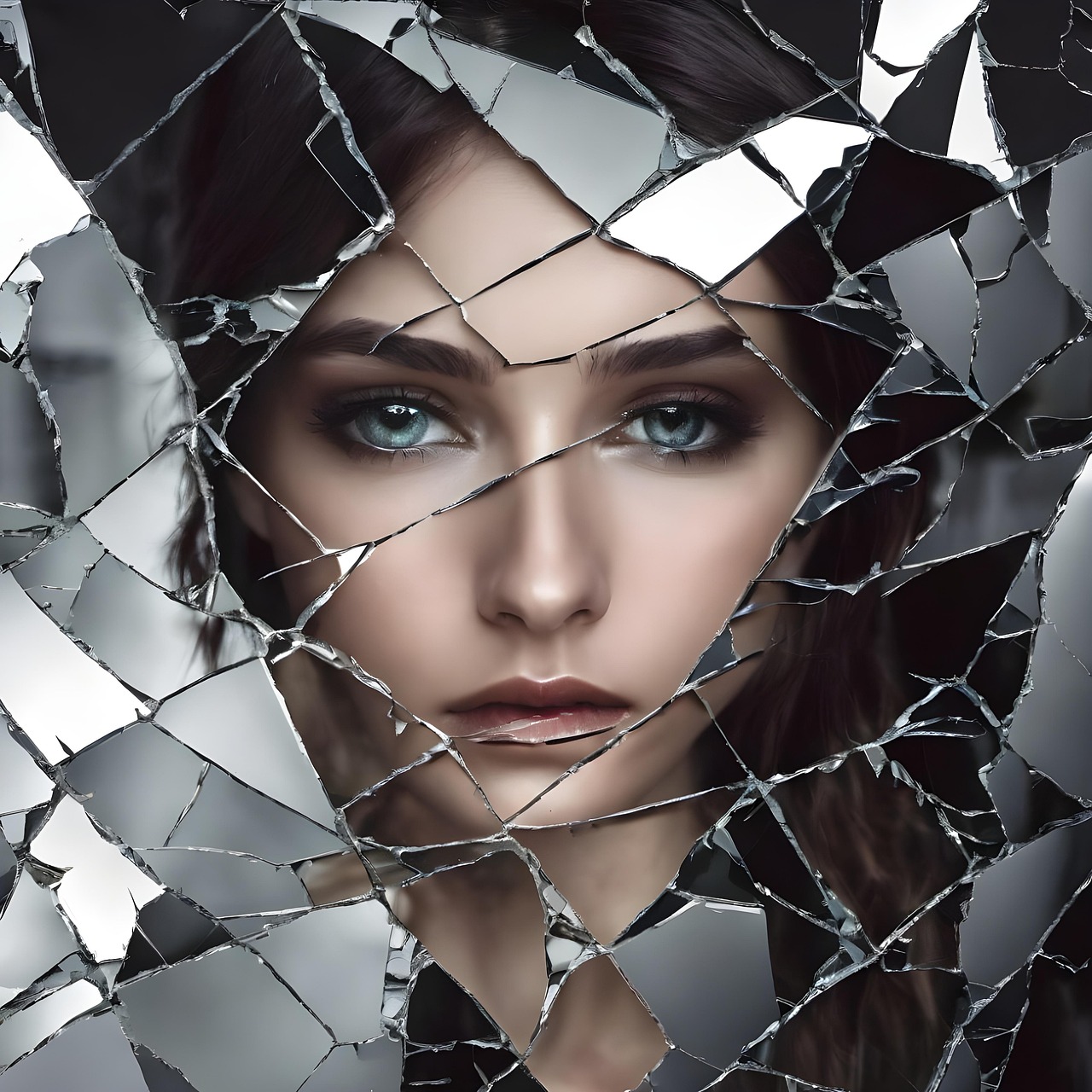 Mujer mirando su reflejo en un espejo roto, simbolizando confusión, distorsión de la realidad y pérdida de identidad emocional causada por el gaslighting